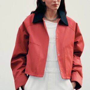 ZARA NWT Waxed Red Barn Jacket With Contrasting Black Collar in Sz XL
